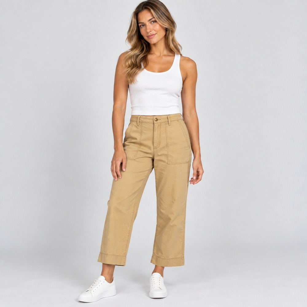 Lauren Ralph Lauren Tan Utility Wide Leg Crop Pants Khaki Gold Crest Button 6